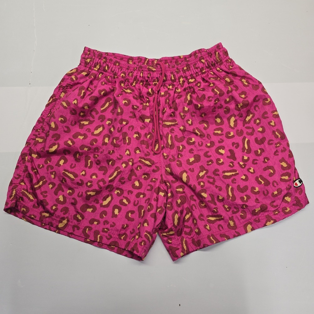 Champion Womens Pink Leopard Print Athletic Shorts Large Drawstring Mesh Lined